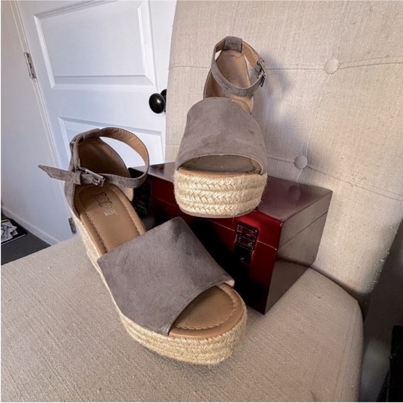Tan Suede Wedge Sandals with Ankle Strap - Picture 4 of 4
